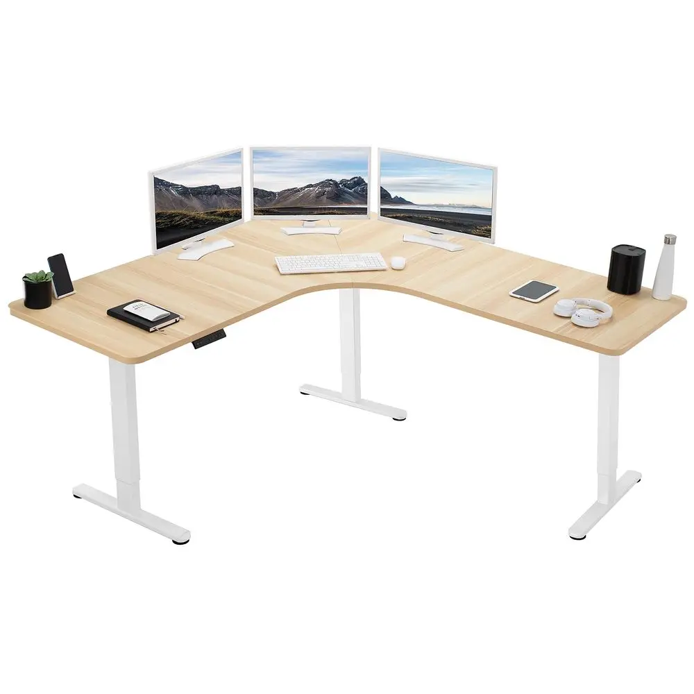 

Electric Height Adjustable 71 x 71 inch Curved Corner Stand Desk, Light Wood Table Top, White Frame, Memory Controller, LSha