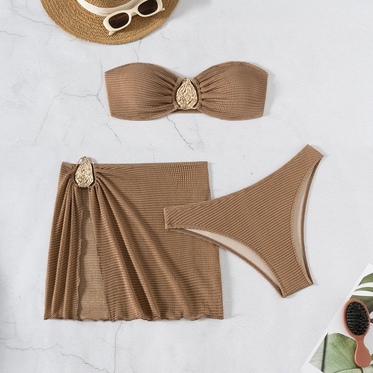 2026 Women Skirted 3 Piece Bikini Set Push Up Tummy Control Two Piece Swimwear Hot Spring Beach Vacation Solid Skirt Bathing Set