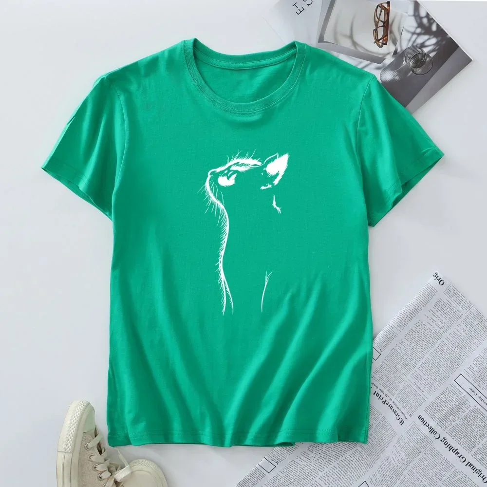 T-shirt à manches courtes pour femmes, 100% coton, grande taille, vêtements d'été pour femmes, à la mode, avec image de chat