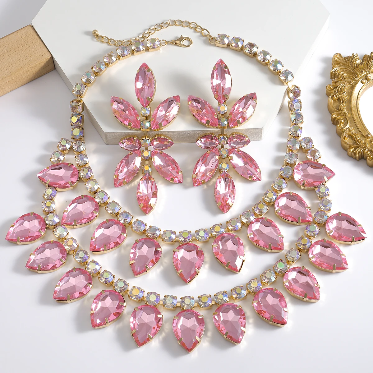 girlgo Luxury Necklace Earrings Sets Colorful Rhinestone Necklace Women\'s Wedding Bridal Jewelry Accessories