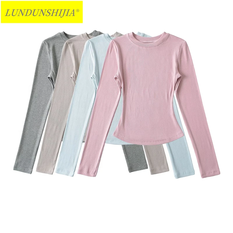 LUNDUNSHIJIA 2024 Autumn Winter Sexy Women Basic O-neck Long Sleeve T-shirts Ladies Slim Elasticity Cotton Tee Tops 16 Colors