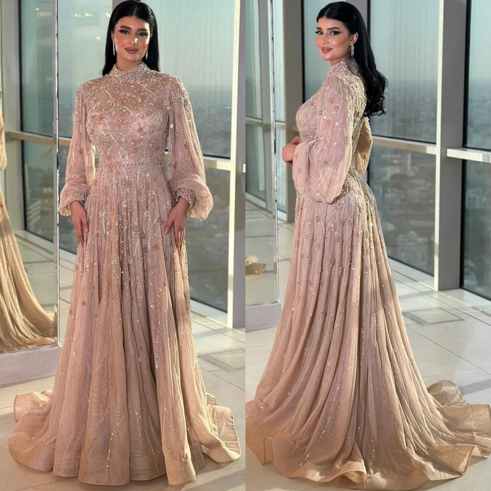 

Customized Exquisite Appliques Evening Dress Delicate High Collar Prom Dresses Luxury Chapel Train Special Occasion Gowns