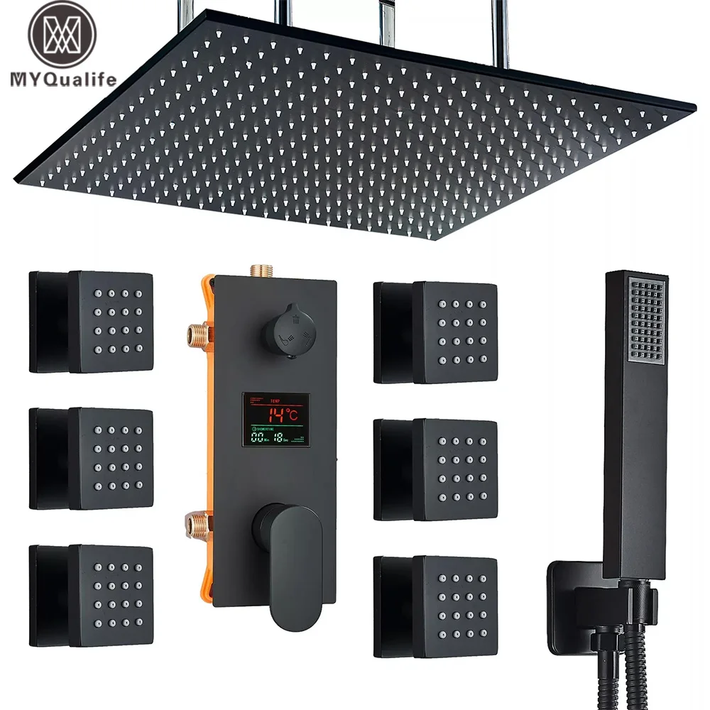 Matte Black Big Rainfall Shower Faucet Set Single 20inch Head Temperature Digital Display Concealed Shower Mixing Valve Tap