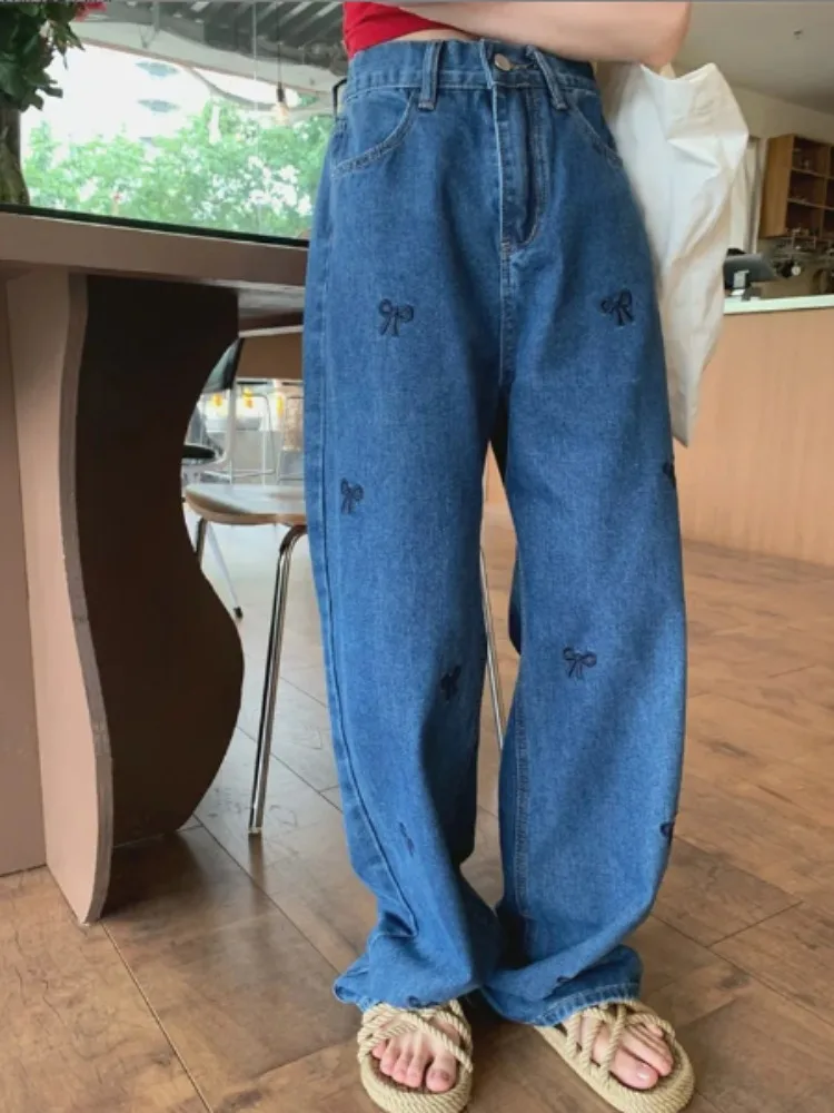 

Ele Spring, широкие джинсовые брюки с высокой талией, женские джинсовые брюки длиной до пола с вышивкой и узлом, уникальный дизайн, ощущение