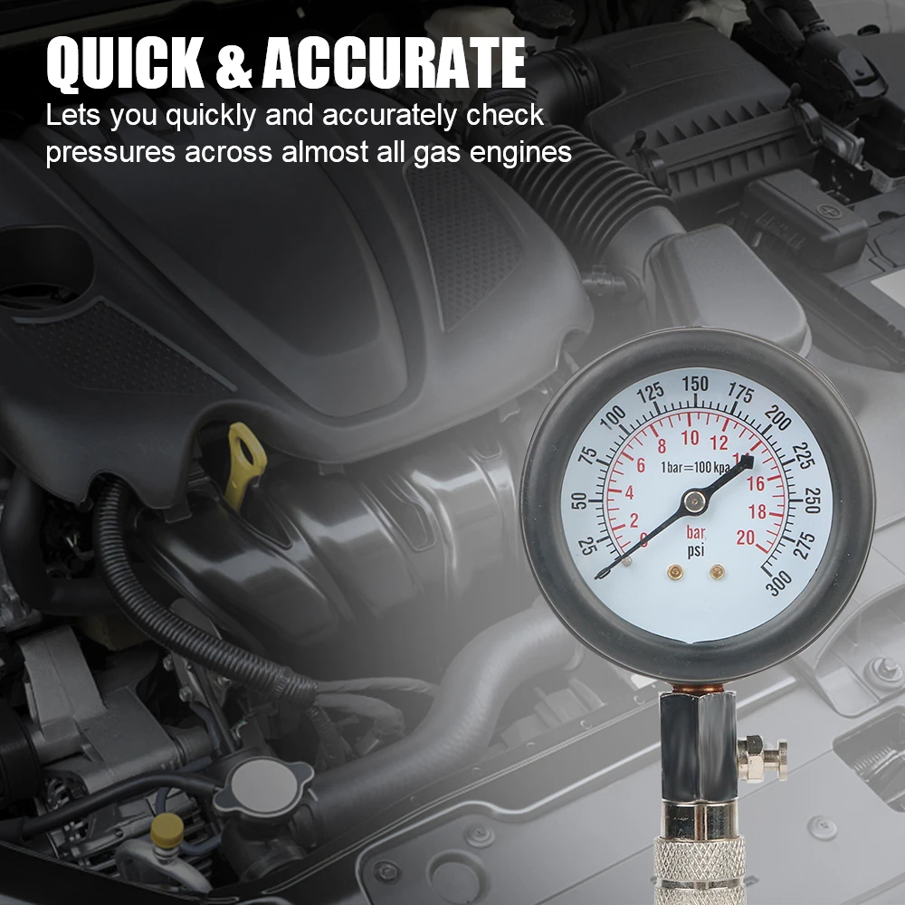 0-300Psi/20Bar Motorcycle Car Cylinder Tester Pressure Gauge M10 M12 M14 M18 Adapter Gasoline Compression Test Meter Diagnostic