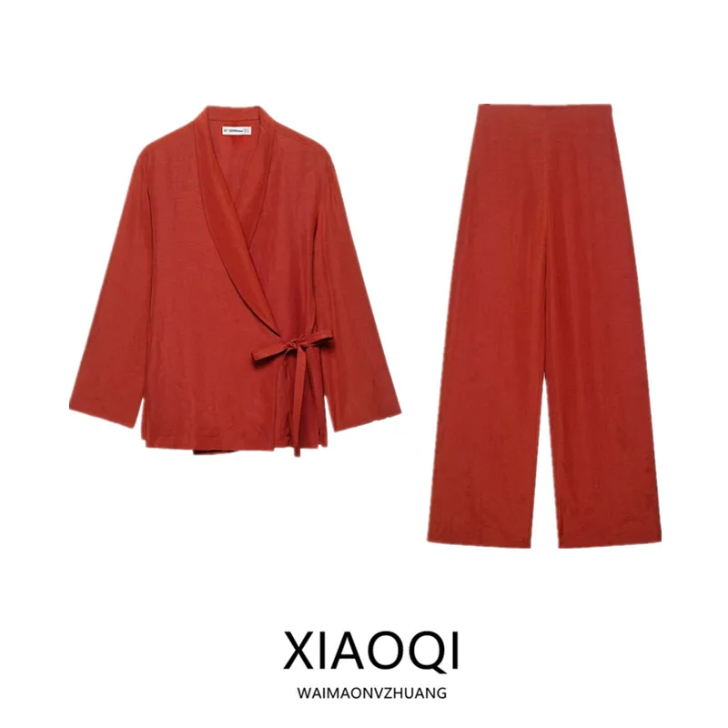 

Summer 2025 Women's Versatile Dr Code Jaet Robe Neline Driftin Linen High Waist Long Pants Faion Set