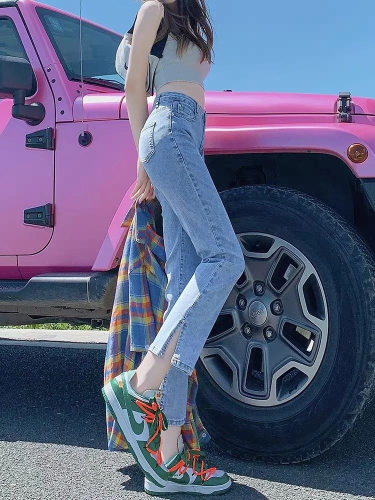 

High Waist Light Wash Denim Shorts Women's Summer Thin Straight Leg Elastic Slimming Nine Points Pants Casual Cool Feeling