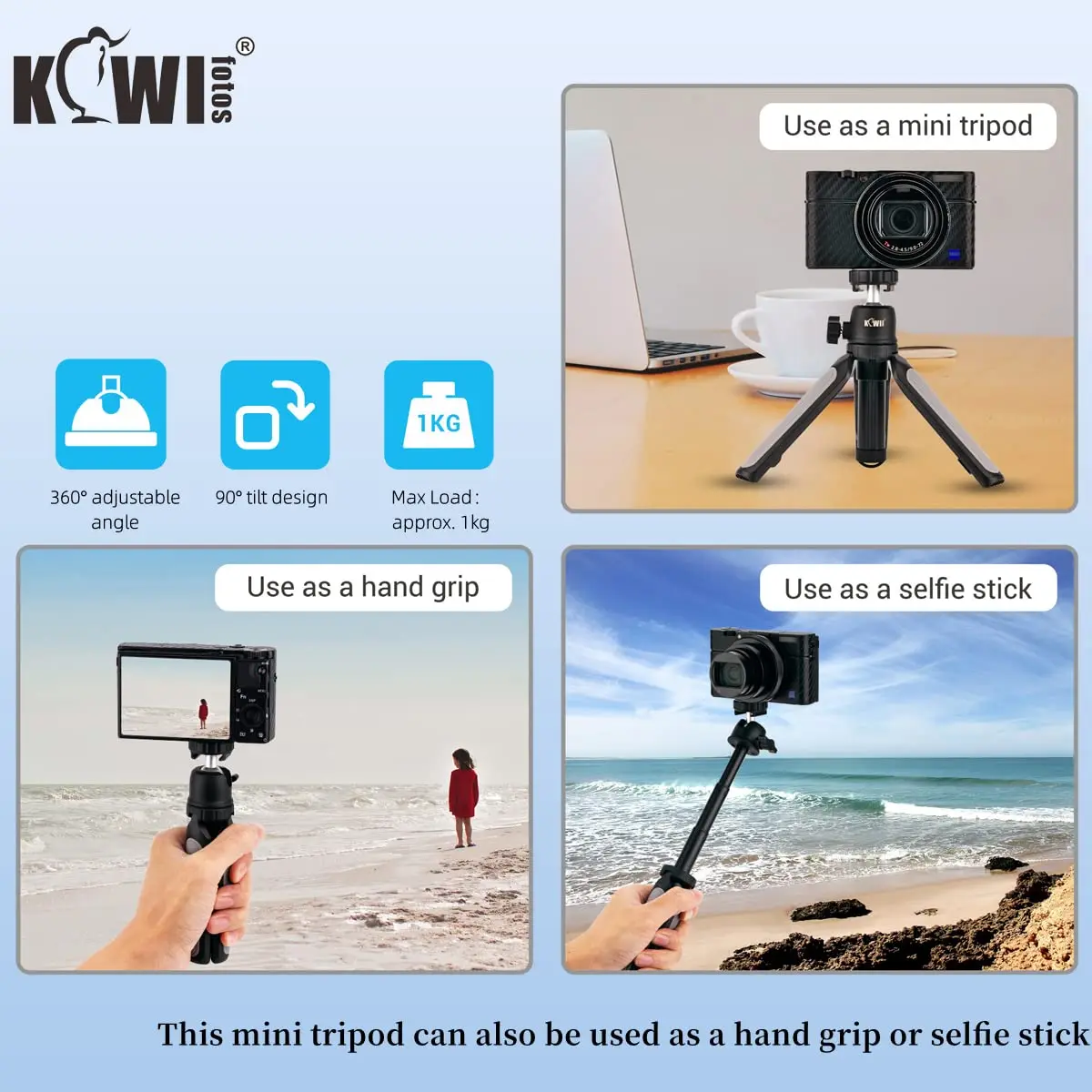 KIWI Desktop Mini Camera Tripod Stand with Phone Holder Extendable Selfie Stick Handle Grip for iPhone 15 14 13 Tabletop Tripod