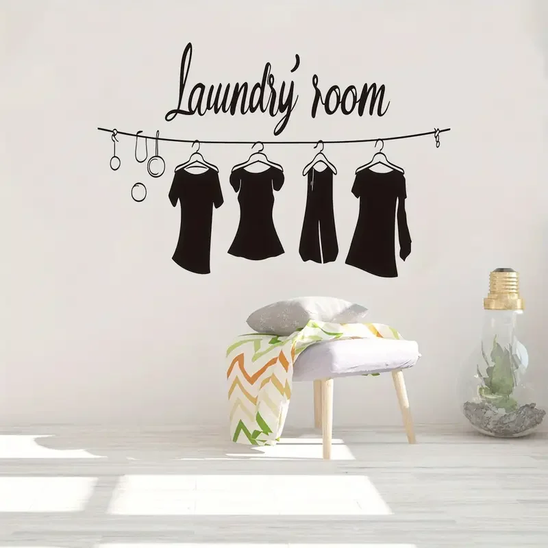 Black 'Laundry Room' Wall Decal with Clothes Hanging Design - Removable, Reusable Sticker for Kitchen & Living Room Decor, Moder