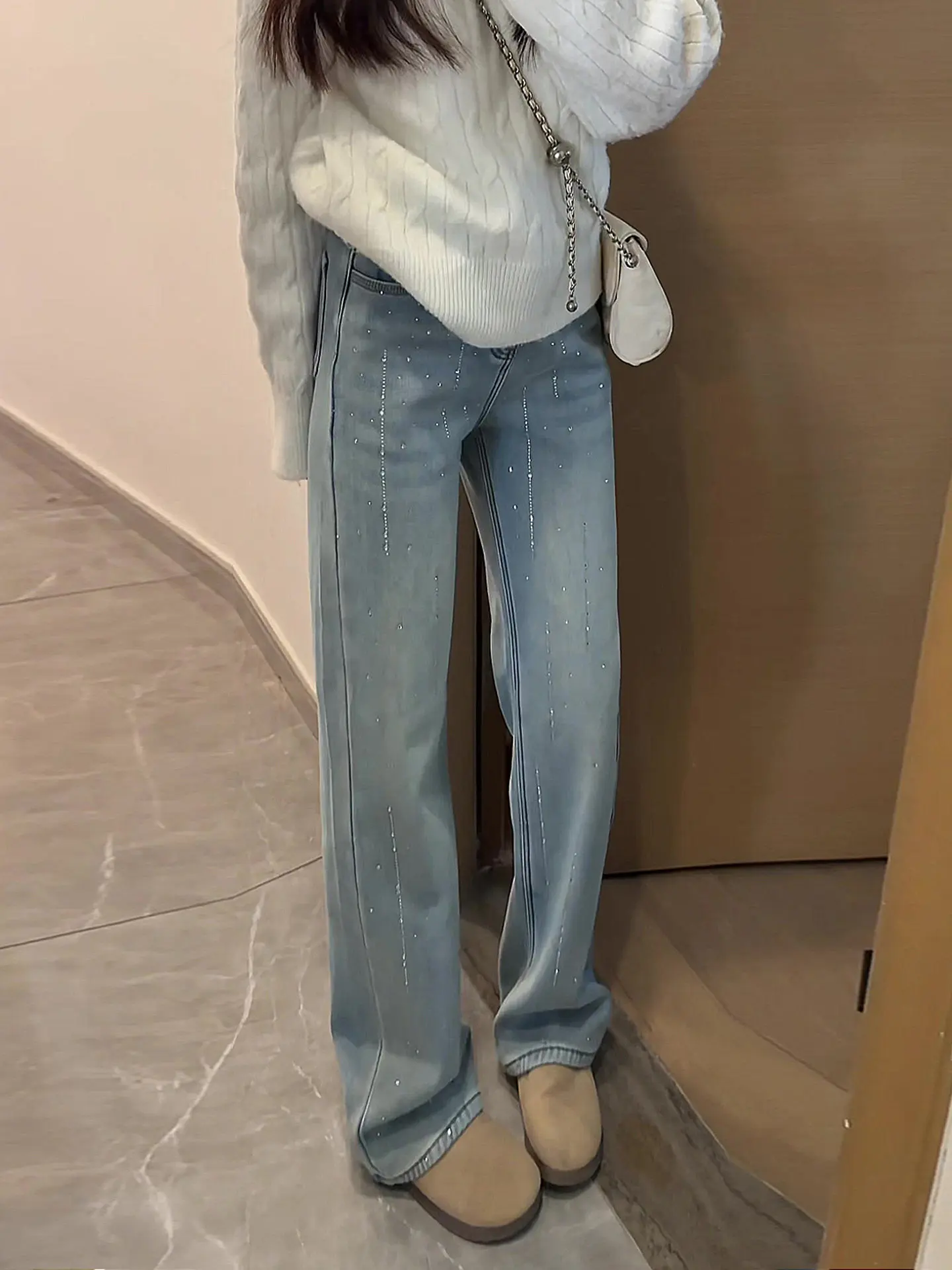 

Light Blue Shiny Rhinestone Straight Leg High Waist Wide Leg Jeans Women's New Spring 2026 Slim Fit Casual Cotton Denim
