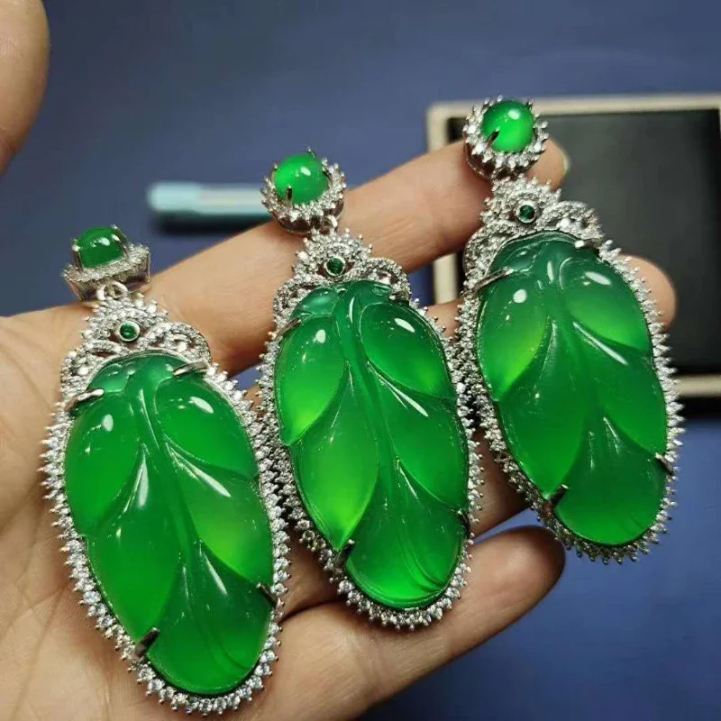 Chalcedony Green Leaf Pendant Female Ice Yang Green Pendant Golden Branch Jade Leaf 925 Silver Inlay