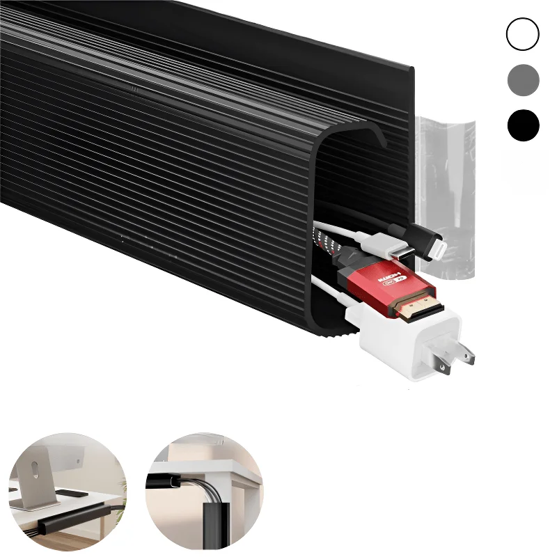 [صينية كابل أنيقة] قطعتان من صينية كابلات تحت المكتب ذاتية اللصق باللون الأسود الأنيق |   منظم فتحة PVC غير مرئي، تركيب بدون مثقاب