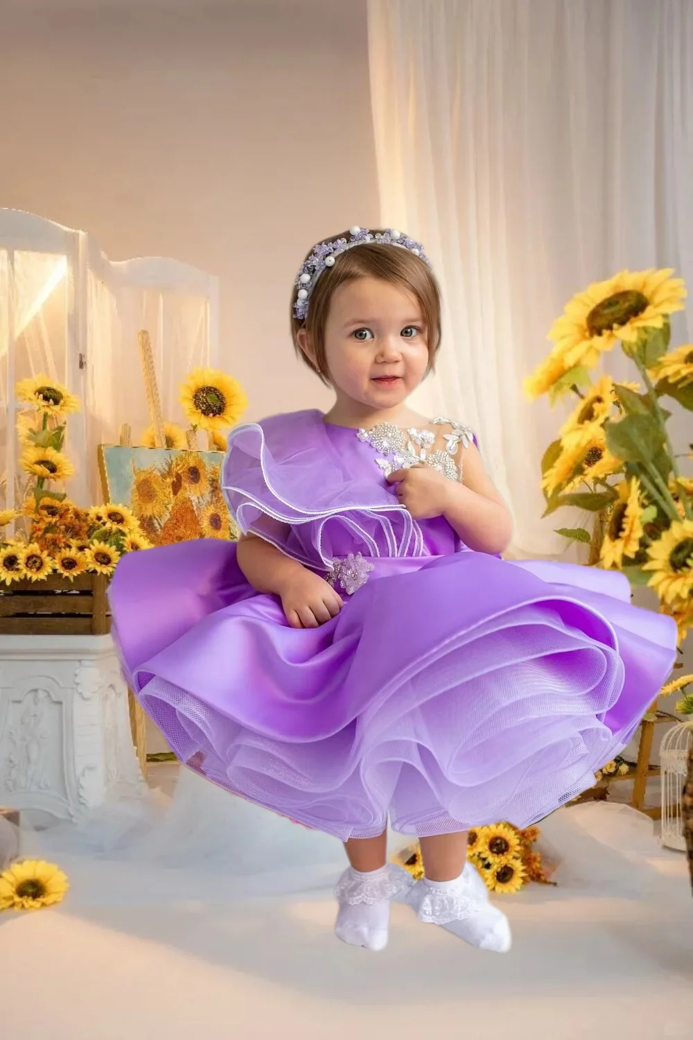 

Lovely Purple Flower Girl Dress Satin Fluffy Wedding Thin Length Bow Belt Gowns Little Baby Girls Birthday Ball Party Clothing