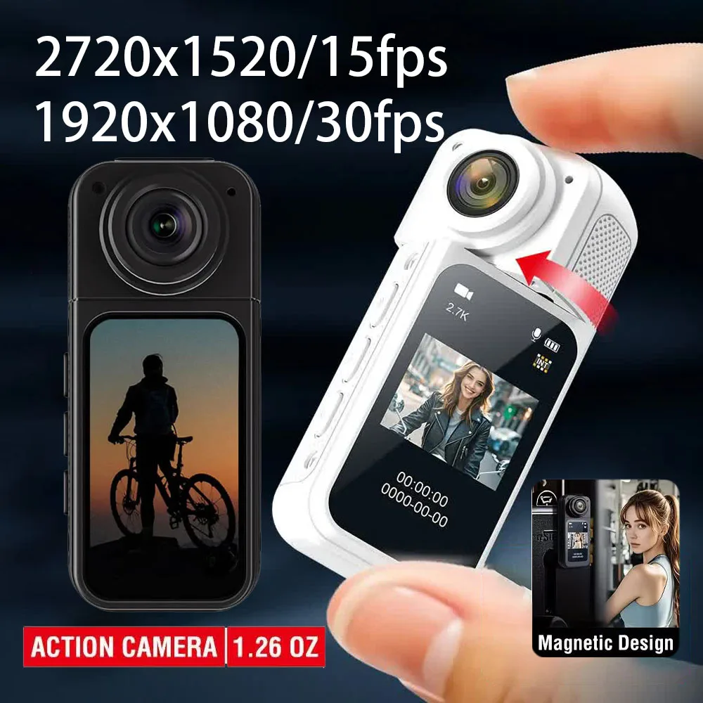 

Мини-камера-рекордер 2.7K WIFI с экраном 1.47'' для спорта на открытом воздухе и велоспорта, угол обзора 180° ° Вращающийся магнитный видеорегистратор для велосипеда и мотоцикла