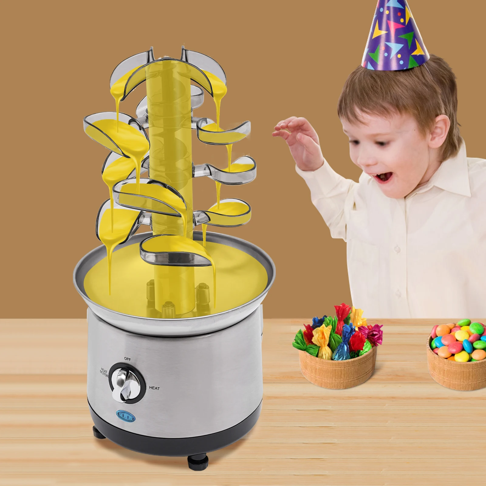 Fuente de Chocolate de 4 Niveles y 220V, Máquina de Fondue de Chocolate de 1.2L para Fiestas y Tiendas, Acero Inoxidable Resistente al Calor