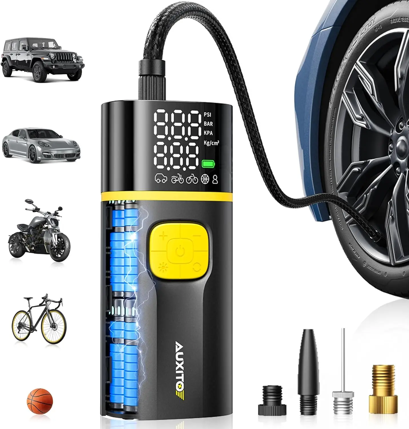 

A502 Portable Air Compressor - 150PSI Dual Cylinder, 7800mAh, 12V DC, Digital Gauge & LED Light for Car, Truck, Bike, Motorcycle