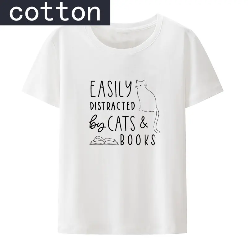 Easily Distracted Cats And Books Funny Gift For Cat Lovers Cotton T-Shirt Streetwear Breathable Slim Comics Cool De Mujer Pair