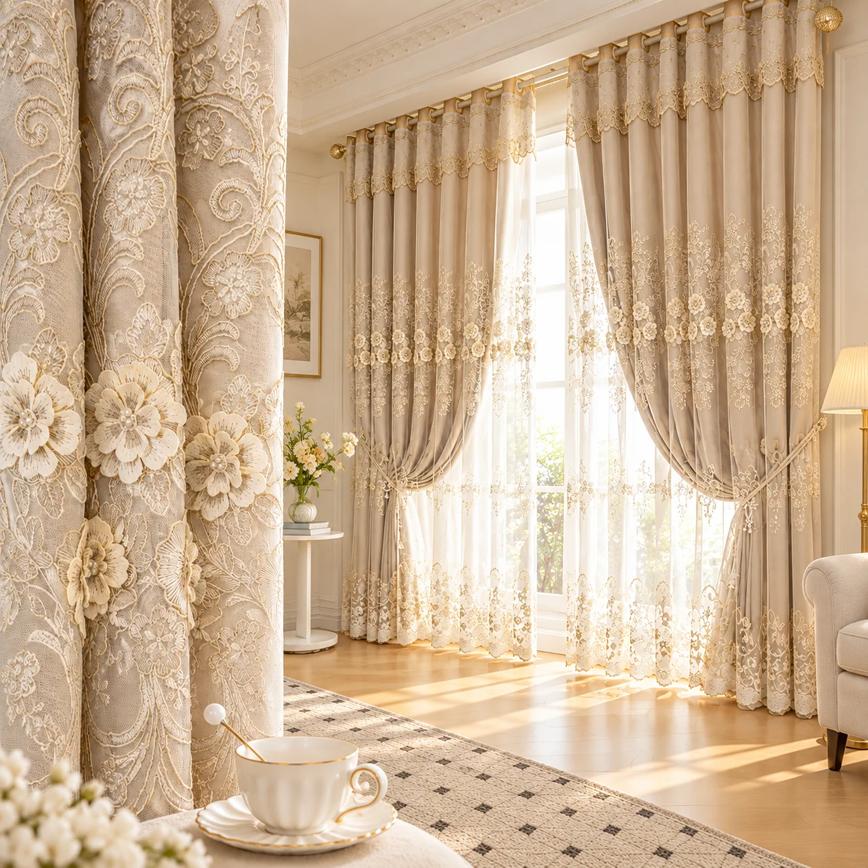 Champagne colored 3D floral embroidery blackout curtain, layered floral lace decal cover with perforated curtain top, French countryside style blackout curtain for bedroom and living room, 2-piece set