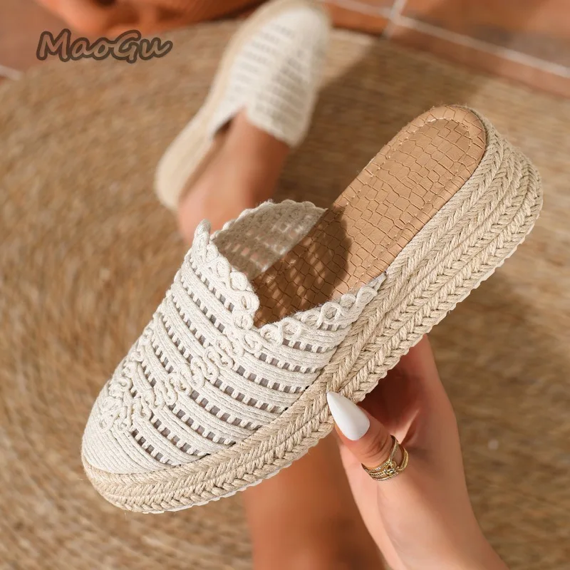 Mules de plataforma de ganchillo para mujer, sandalias transpirables con diseño hueco, zapatillas de esparto, mocasines casuales sin talón, zapatos de moda para damas