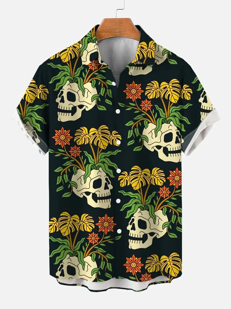 Vintage Skull Floral Men\'s Shirts Funny Skull 3D Print Streetwear Short Sleeve Tee Hawaiian Shirt Print Lapel Shirts For Men