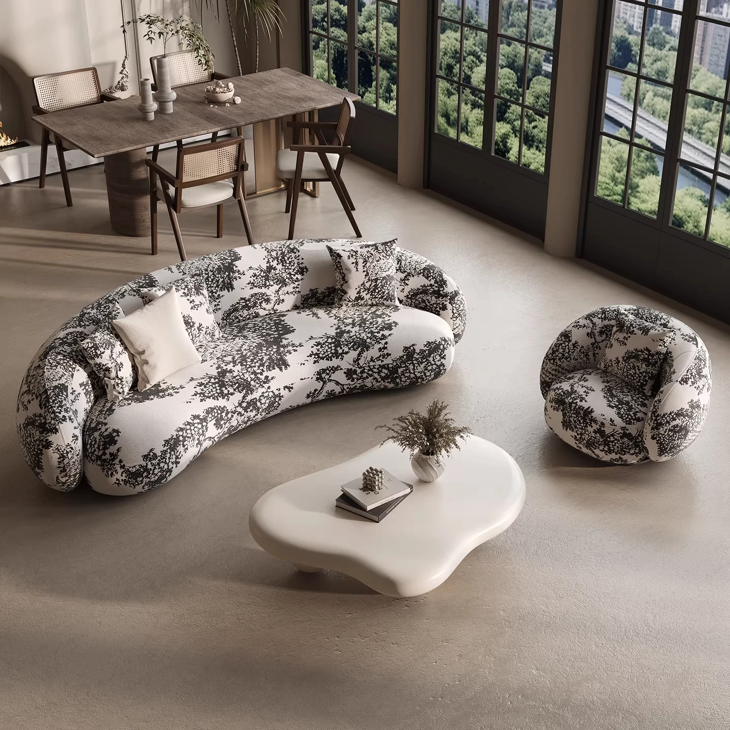 V*-Luxury Modern Arc Printed Fabric Reclining Tufted Sofa Set for Living Room Villa Hotel Lobby & Beauty Salon Reception