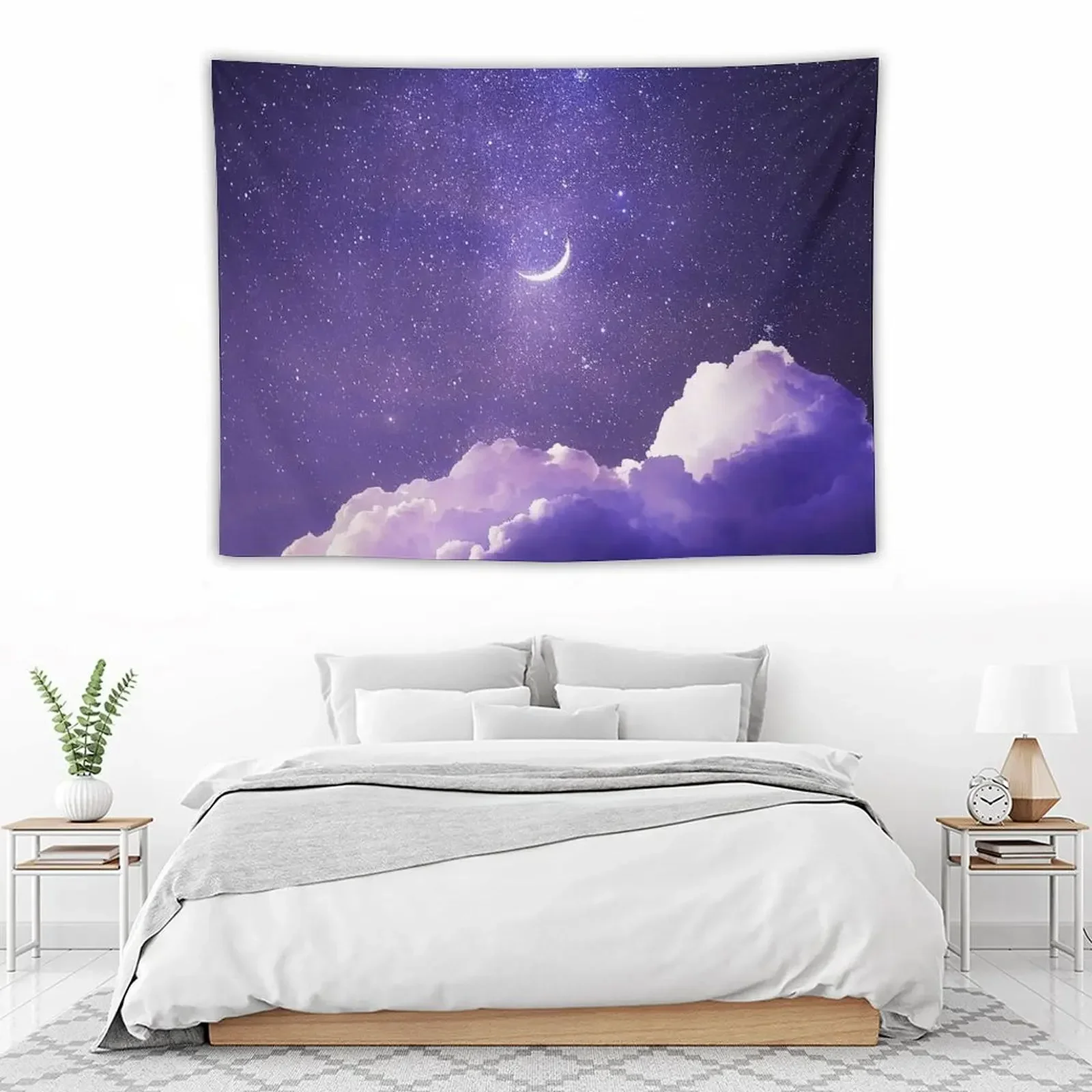 Purple Stars Dreamy Night Sky Cloud Pastel Aesthetic Space Galaxy Moon Tapestry Room Decorations Aesthetic Tapestry