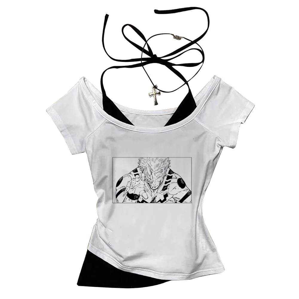 Jujutsu Kaisen Gojo المحاصيل الأعلى سليم صالح لطيف الصيف بيبي دول لطيف شوجو فتاة نمط مشد الجمالية 2000s امرأة تي شيرت