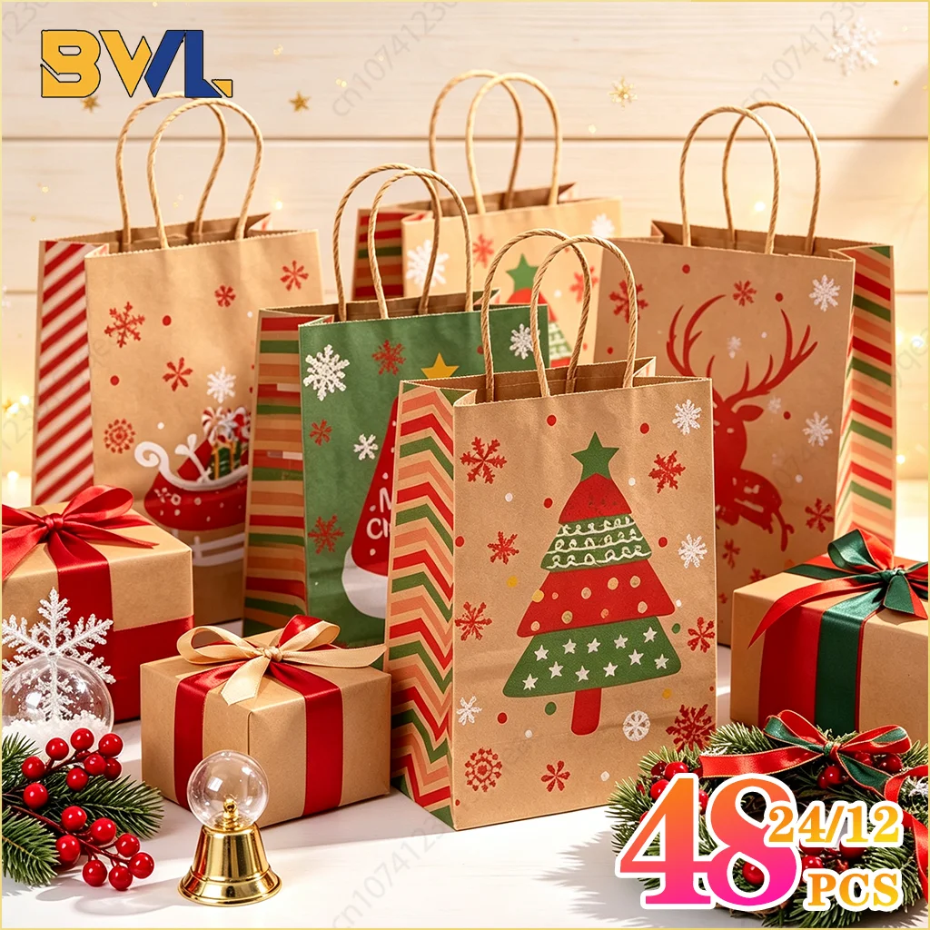 Christmas Kraft Paper Gift Bags Snowflake Reindeer Shopping Tote Bags Clothing Packaging Party Favor Bags Holiday Gift Supplies