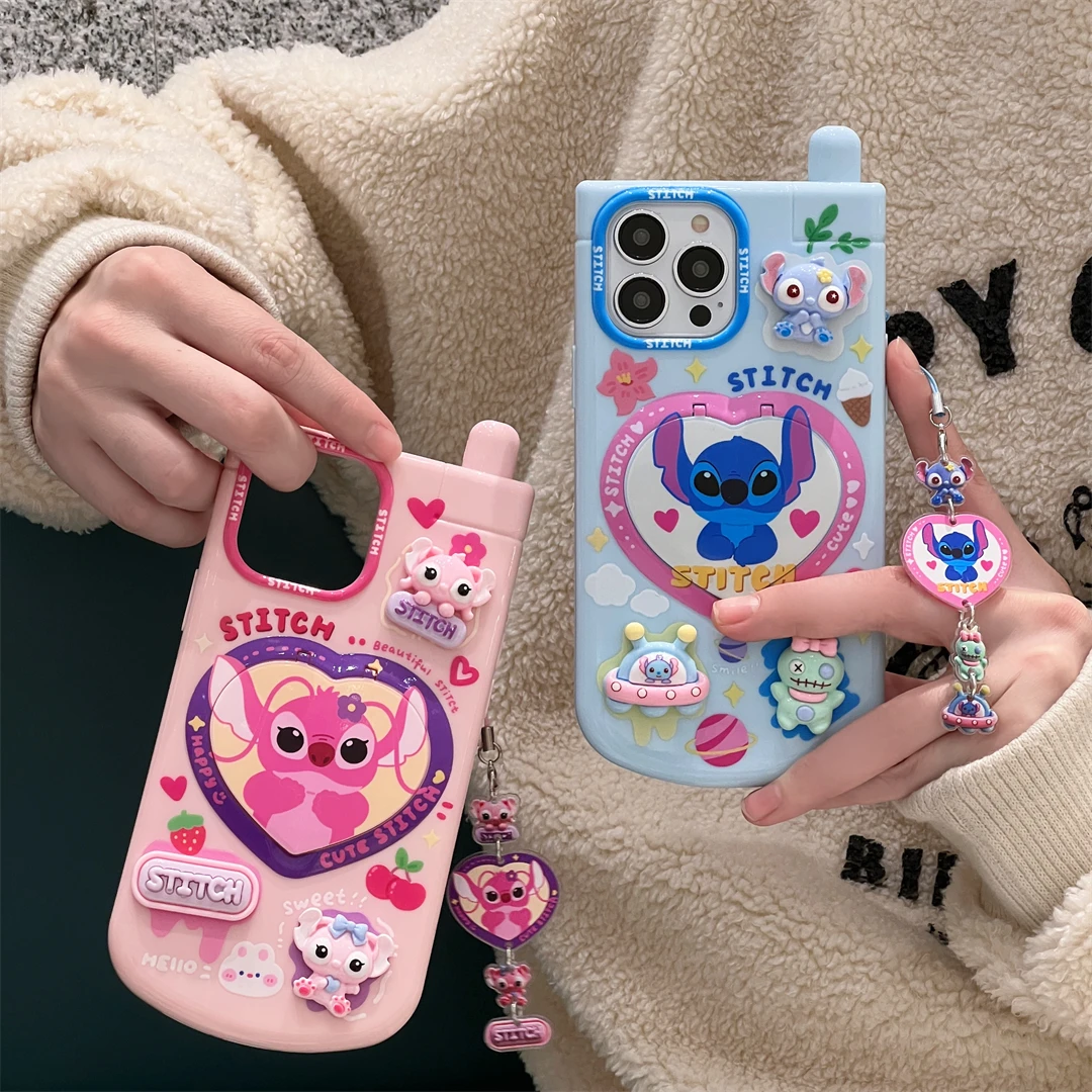 Cartoon Cute Stitch Angel Doll Mirror Stand Phone Case For iPhone 15 14 13 12 16 Pro Max Funny Big Brother Cover Y2k Girl