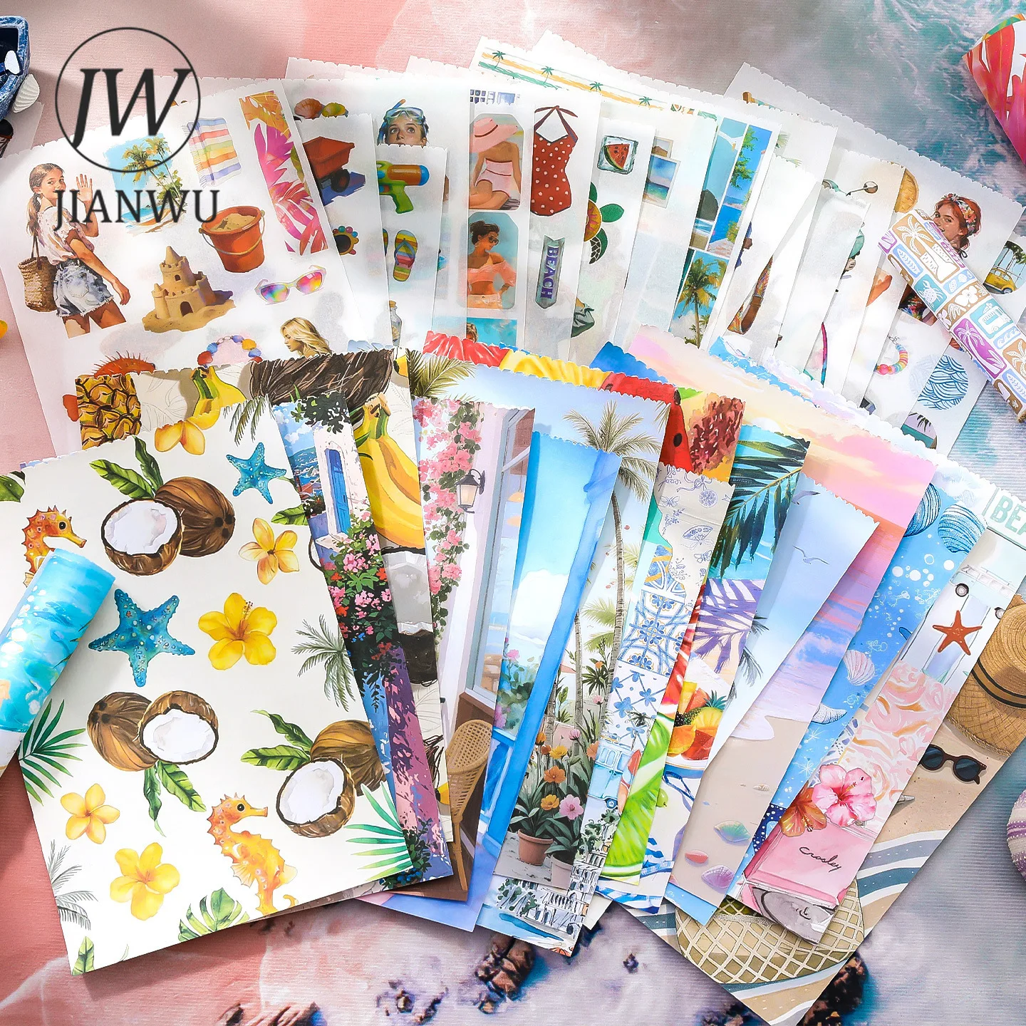 

JIANWU Bliss Beach Series Vintage Seaside Travel Character Landscape Material Collage Sticker Book Creative Journal Stationery