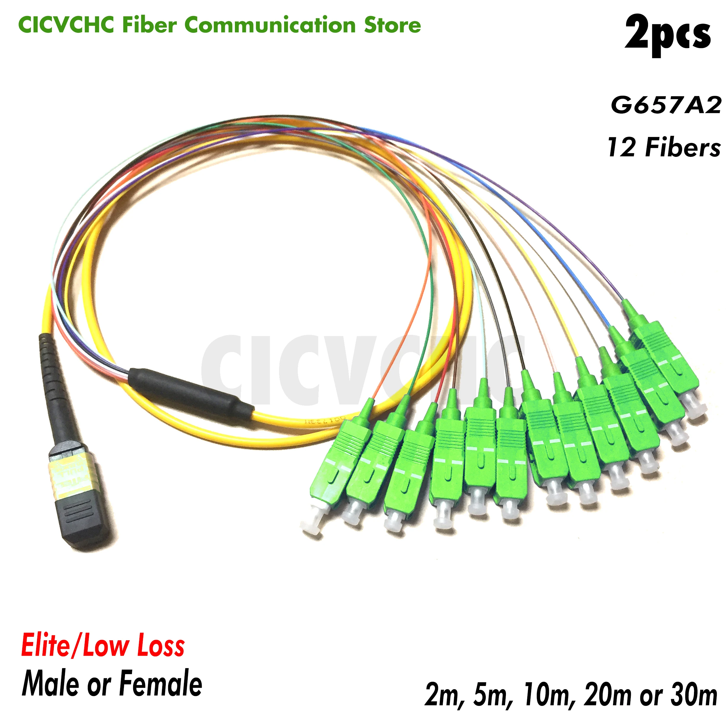 2pcs 12 fibers-MPO/APC Fanout SC/APC -G657A2-Elite/Low loss-Male/Female with 0.9mm-2m to 30m/MPO Assembly