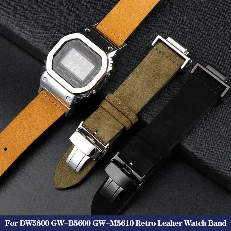 New Vintage Cowhide wristband For G-SHOCK Casio DW-5600 GW-B5600 GW-M5610 DW5600 Retro Suede Fluff Watch Bracelet Brown Strap