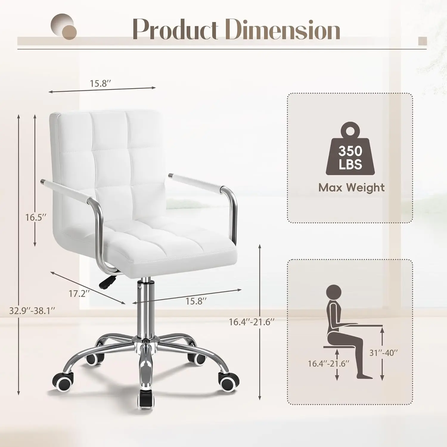Office Task Chair Ribbed PU Leather Executive Chair Modern Adjustable Home Desk Retro Comfortable Work Chair 360 Degree Swivel