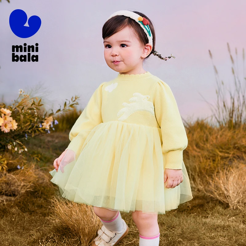 Mini Bala Dress for Girls with Skin-Friendly Pure Cotton, Patchwork and Sweet Bubble Sleeves