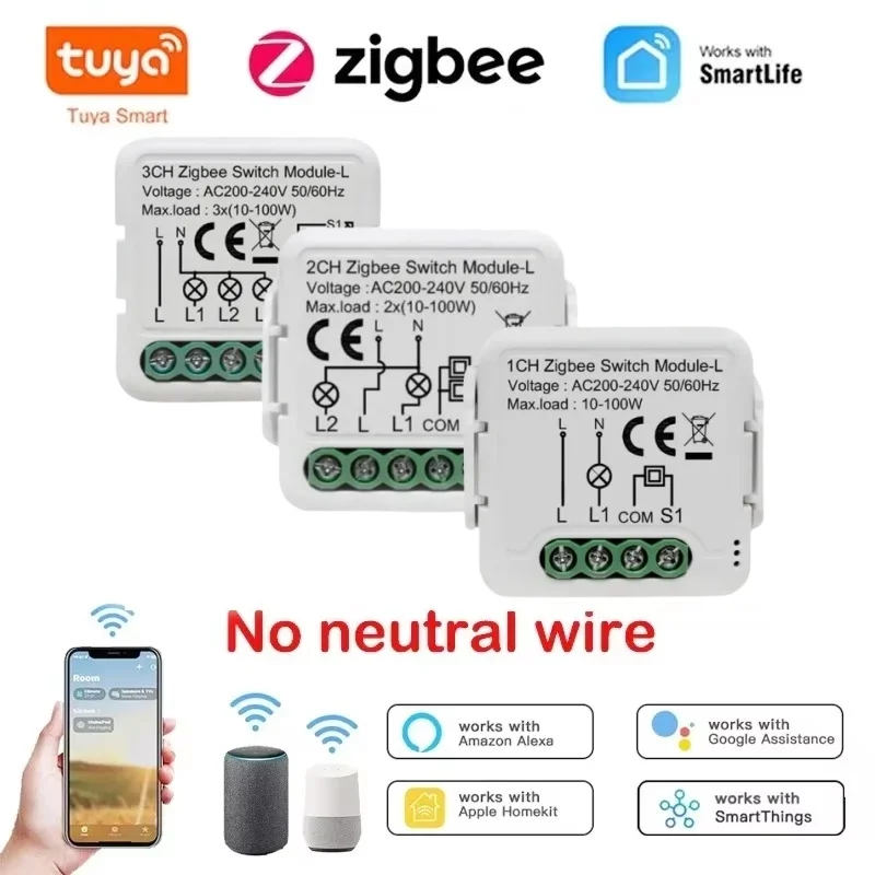 Tuya Zigbee 3.0 Smart Mini Switch Module Relay No Neutral Wire 2 Way Control 1/2/3 Gang Works with Alexa Google Home Zigbee2mqtt