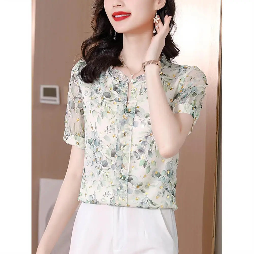 Vintage Chiffon Summer Short Sleeve Floral Shirt Women 2024 New Temperament All-match Thin Style Short Sleeve Comfortable Tops