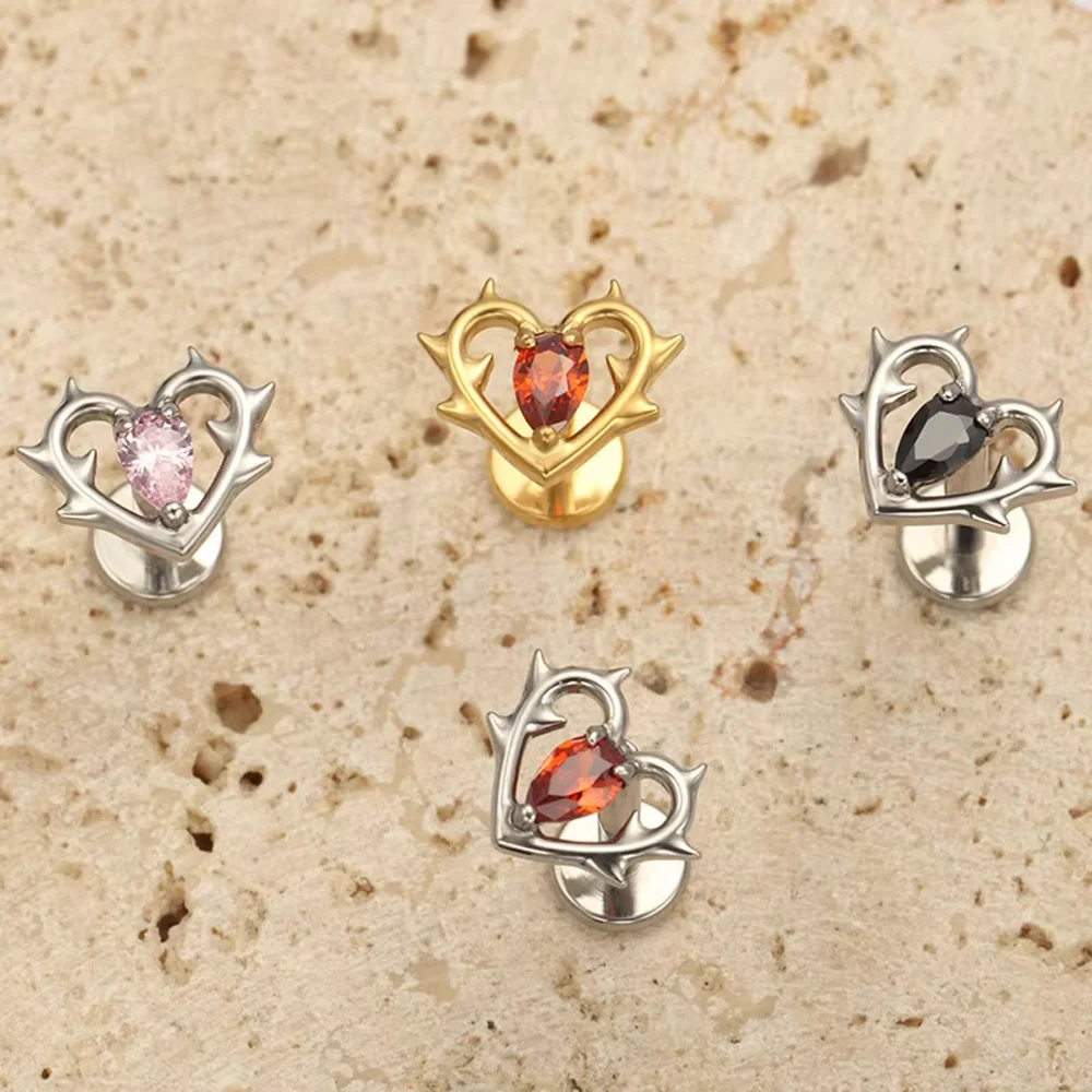 G23 التيتانيوم الشرير نمط بأكسيد زركونيا الحب على شكل قلب شوكة أقراط سوبر كول الأذن العظام الشفاه ترصيع هيئة ثقب المجوهرات