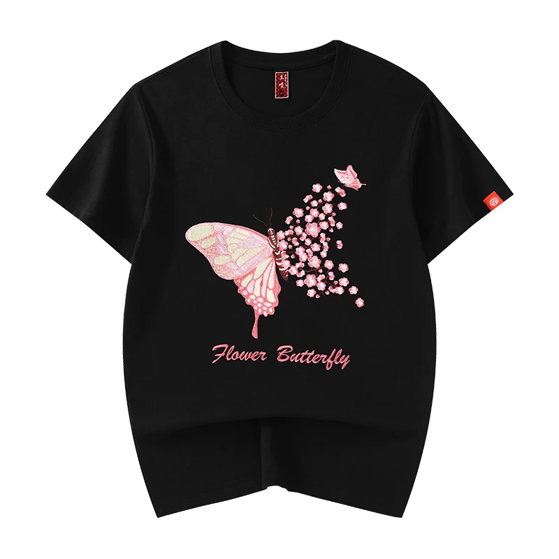 

Men Women Embroidery T Shirt Flower Butterfly Graphic T Shirts Men Fashion Streetwear Designer Tees Cotton O Neck High Street