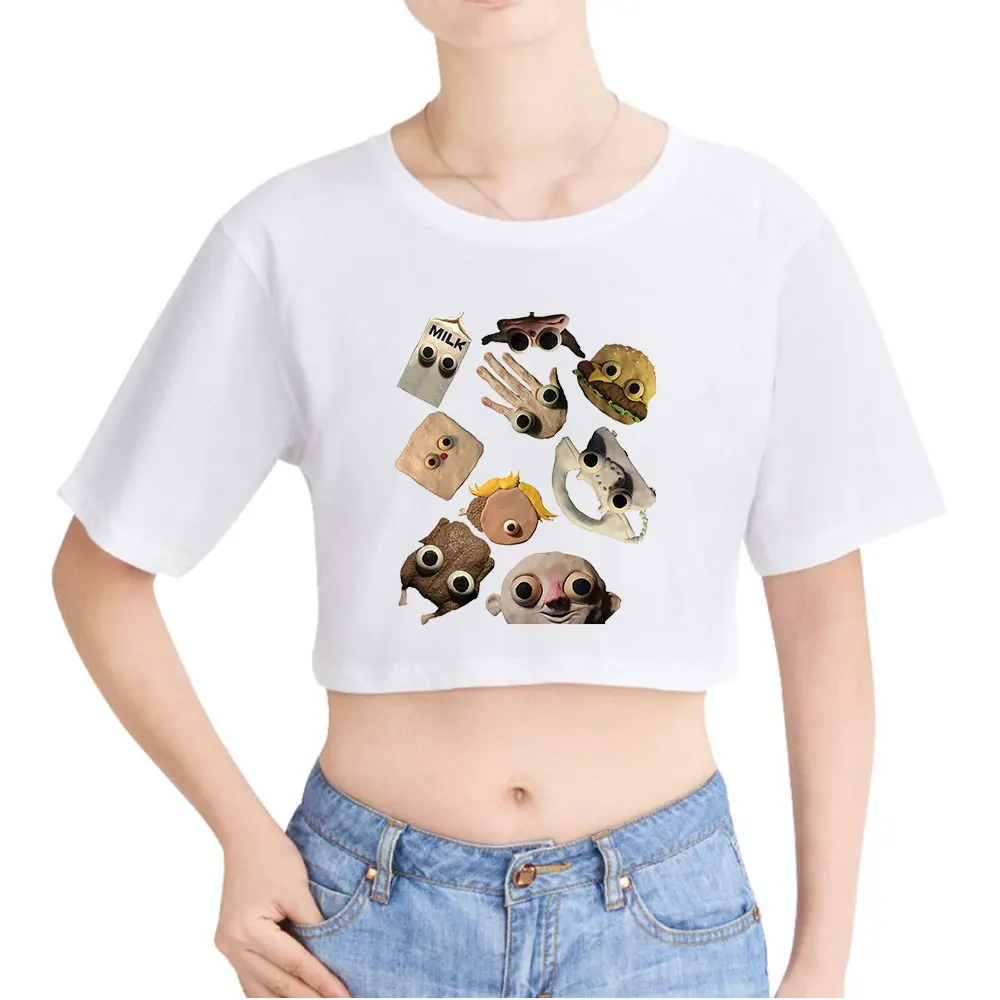 Jack Stauber Vintage 90s Crop Top Exposed Navel T-Shirt Oversize O-Neck Tops Funny Tshirt Top Women