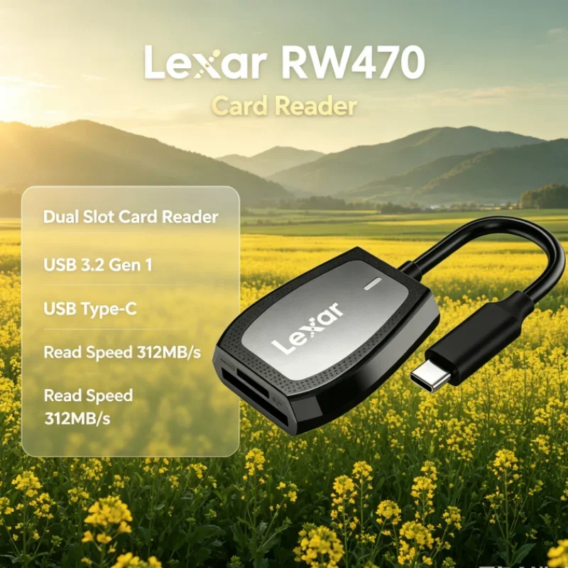 Lexar RW470 Card Reader 2-in-1 Type-C USB 3.2 Gen1 Dual Slot SD microSD UHS-II 312MB/s Transfer for Card Data Transfer