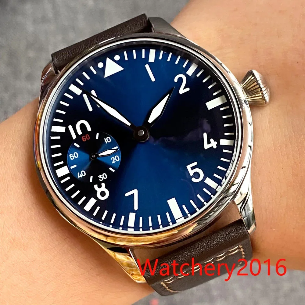 44mm black blue dial luminous hands 17 jewels sapphire glass 6497 movement manual mechanical men's watch leather strap