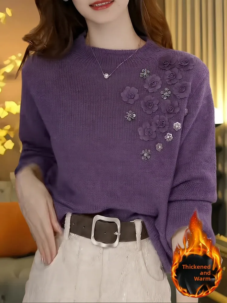 

Faionable Purple Knitted Long Sve Women's Sweater Soft 3D Structure Casual Loose Fit Comfortable Breathable Knitwear