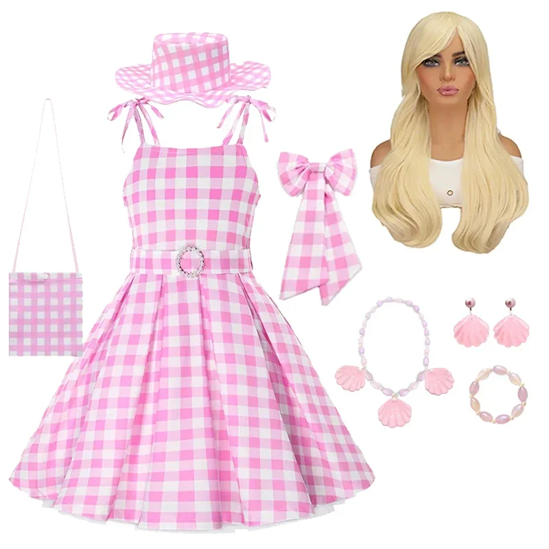 Barbie Girls Princess Dress Cosplay Costume Pink Plaid Barbi Outfit Birthday Kids Halloween Party Princess Dress Costume 2-10Y