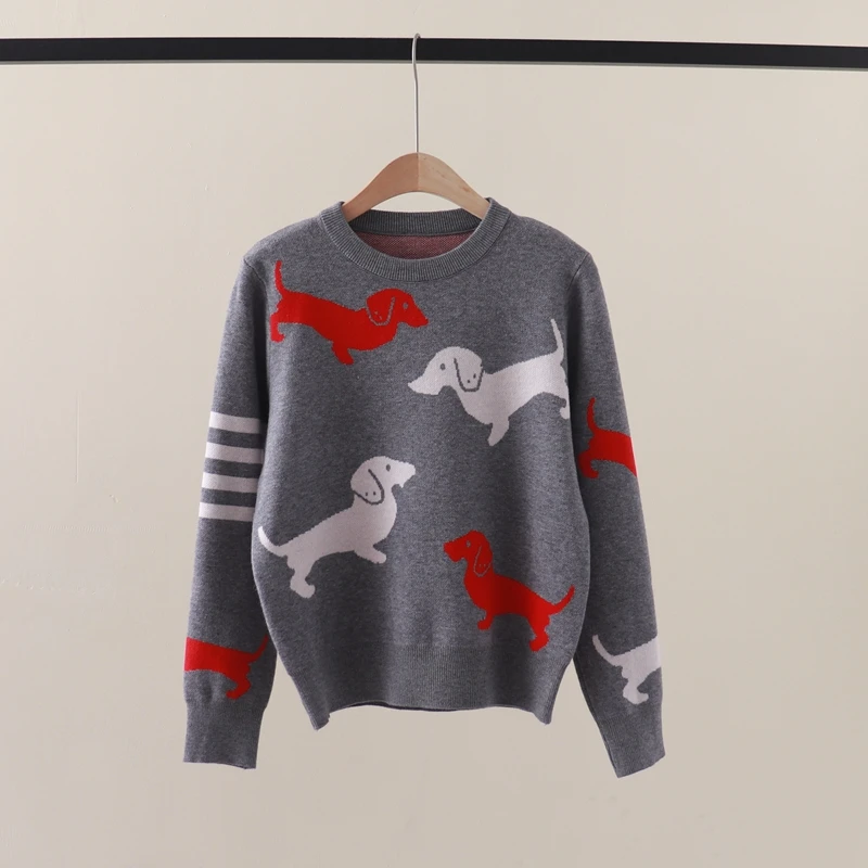 Autumn and Winter New TB Academy Style Full body Dog Jacquard Stripe Four Bar Colored Round Neck Pullover Knit