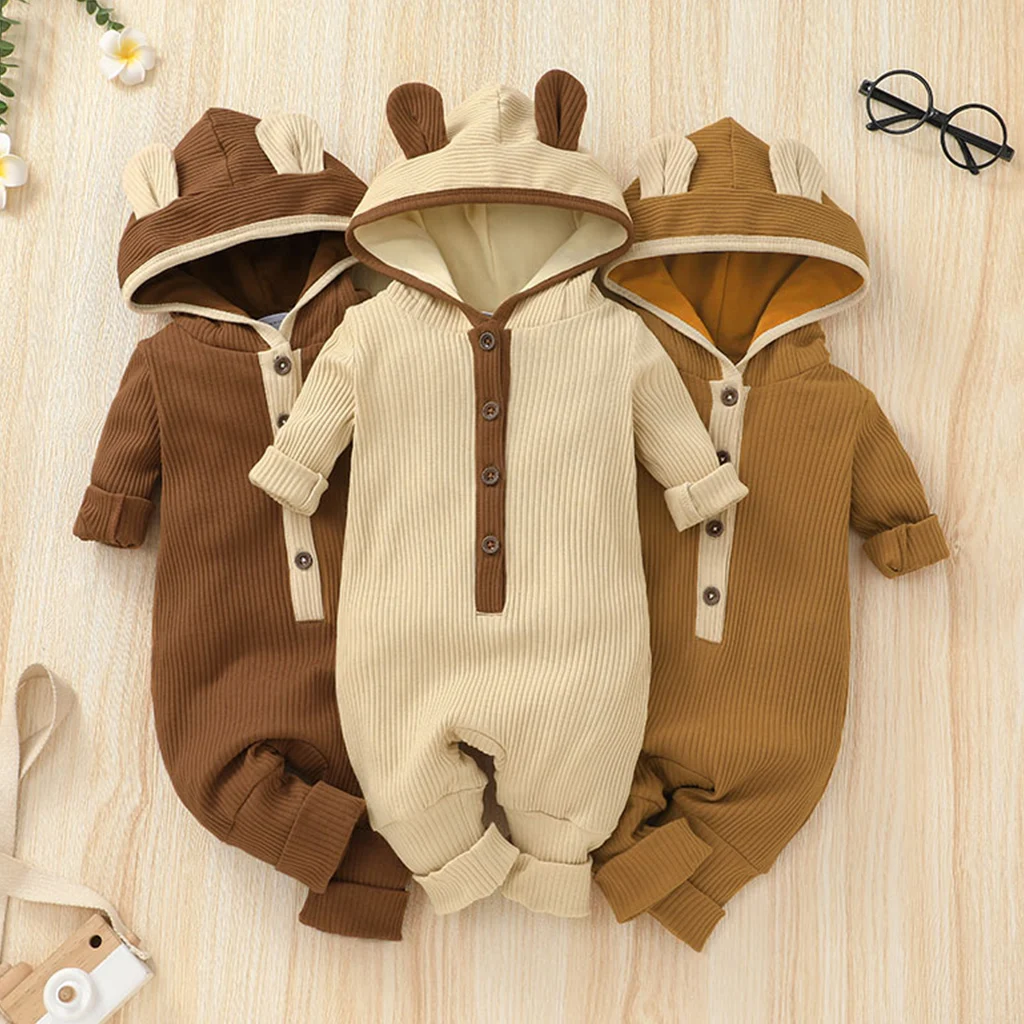 

PatPat Ribbed Solid Hooded 3D Ear Long-sleeve Baby Jumpsuit