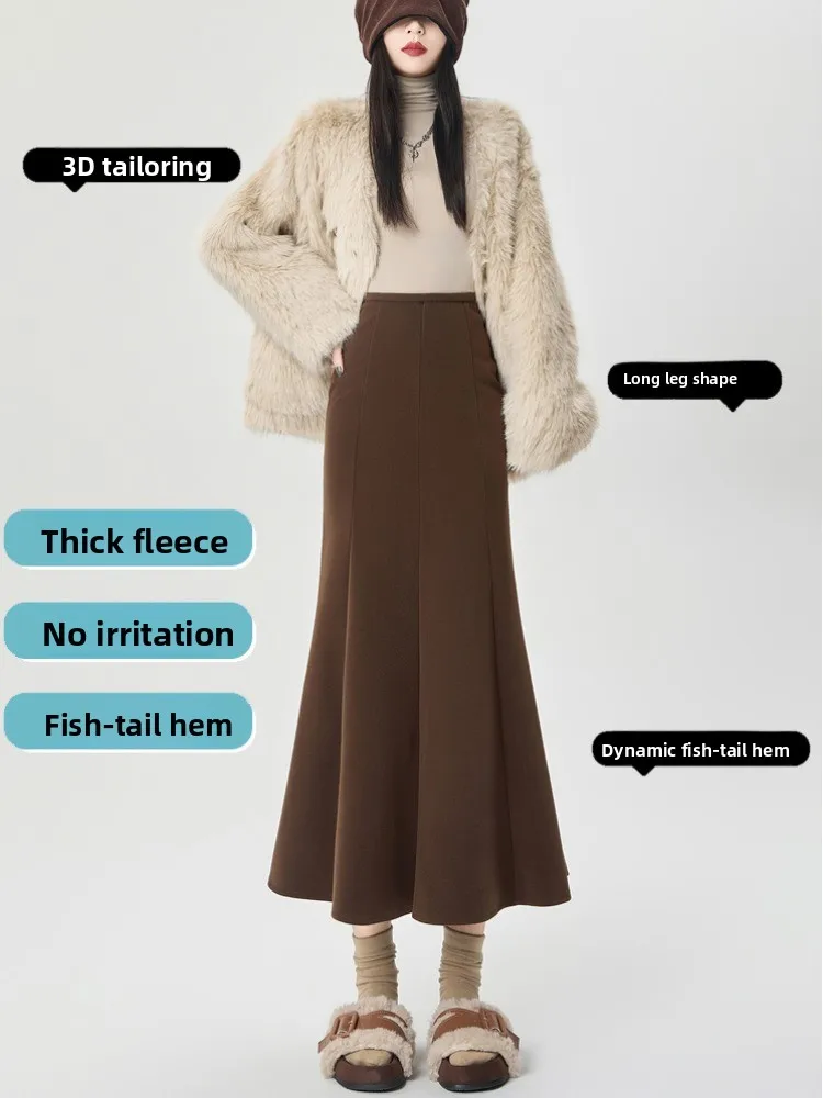 ay Woolen Fi Tail Rock Damen Herbst Winter Hohe Taille Slim Fit Bodycon mittellanger Maxi A-Linie Rock