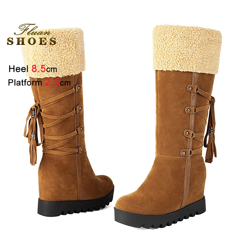 

Winter Women Snow Boots 8.5CM Wedge Heels Suede Warm Knee-high Boots Anti-Slip Thick Sole Outdoors Walking Long Shoes For Woman