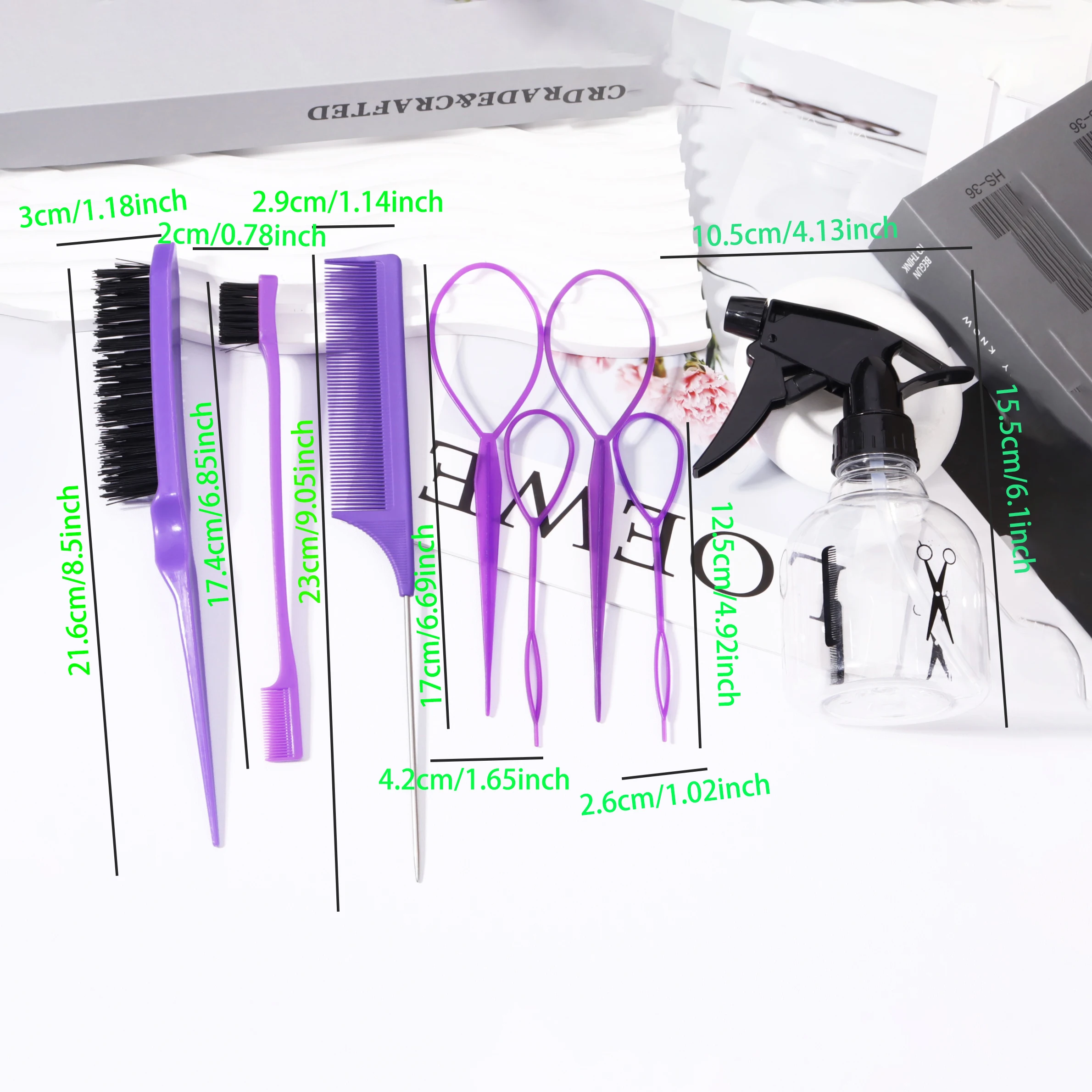 مجموعة أمشاط الشعر مكونة من 8 قطع، فرشاة حافة، فرشاة حافة مشط ذيل الماوس، مع أدوات النسيج وزجاجة الرش، خاصة للشعر المستعار الحقيقي