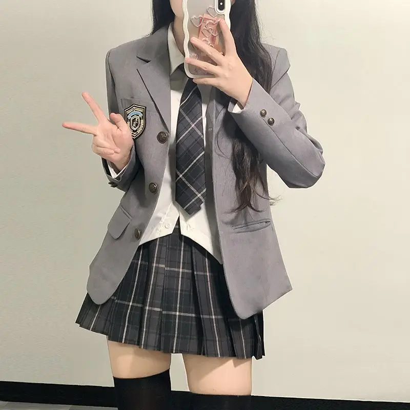 Japanese School Uniform JK Suit Girls Long Blazer Tie Plaid Skirt White Shirt Medal Five-piece Women Sexy Spring and Autumn Suit