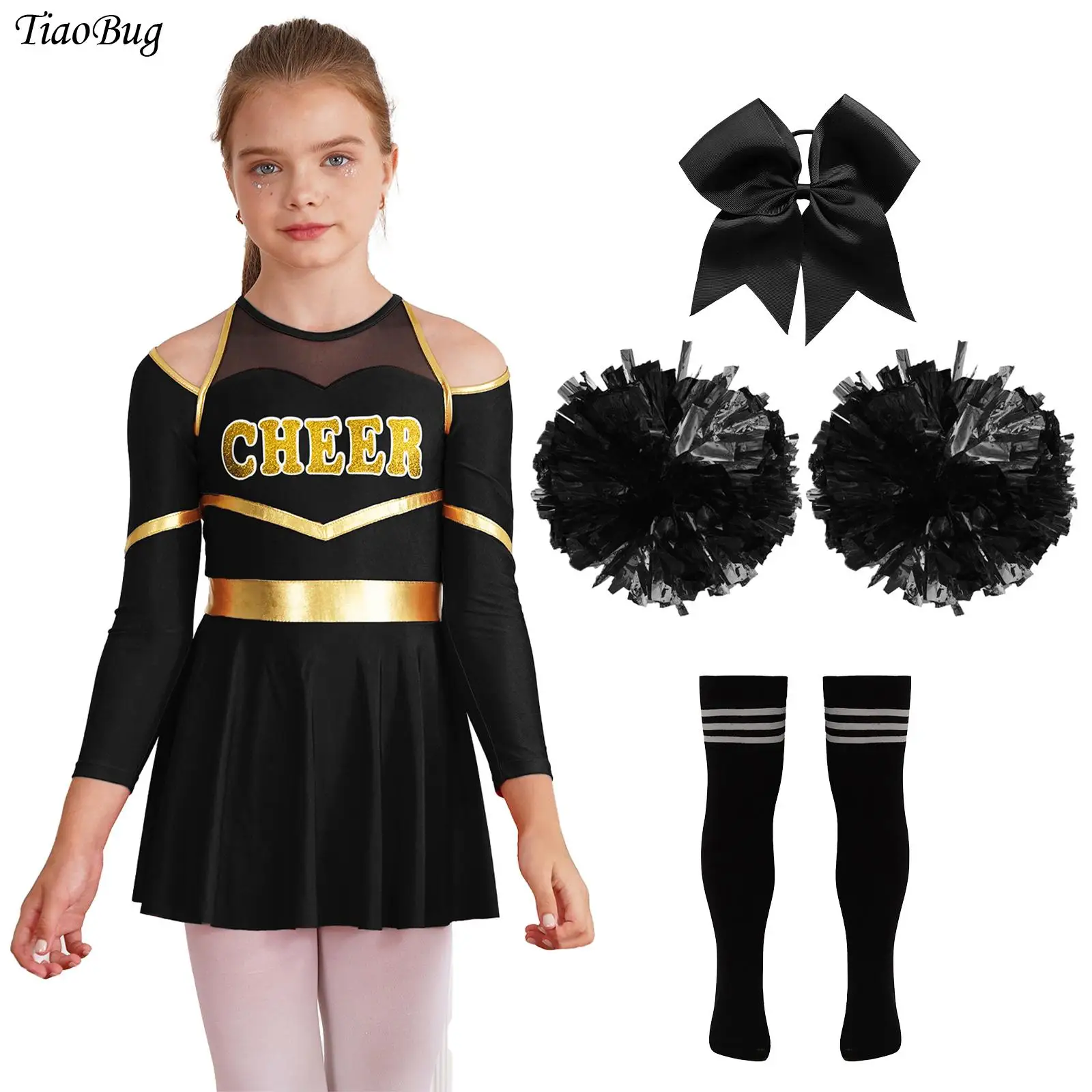 

Girls Cheerleading Costumes Cheerleader Uniform Outfits Long Sleeve Cheer Leotard Dress with Headwear Hand Flowers Striped Socks